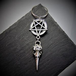 New Gothic Bird Skull Keychain Crow Skull & Pentagram