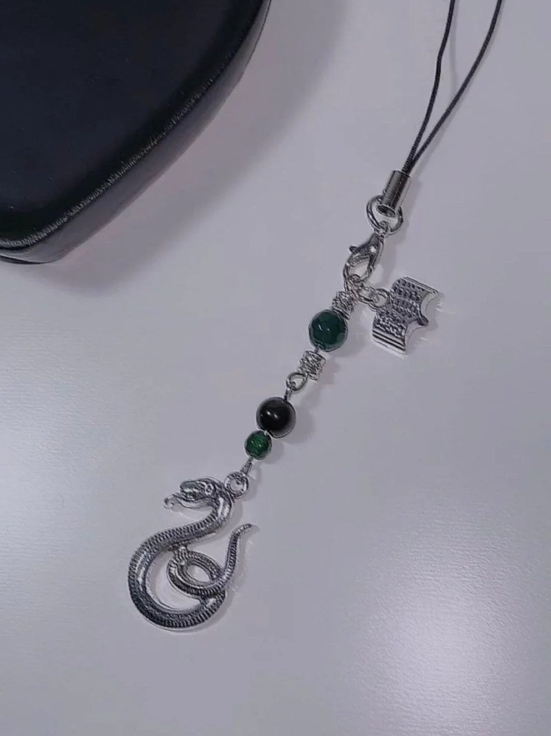 Handmade Slytherin Phone Charm with Beads and Logo - Image 3